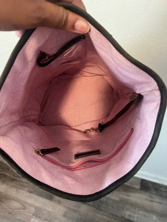 Dooney & Bourke Canvas Monogram Bucket Tote Bag Pink Lining Leather Trim Vintage - Picture 8 of 15